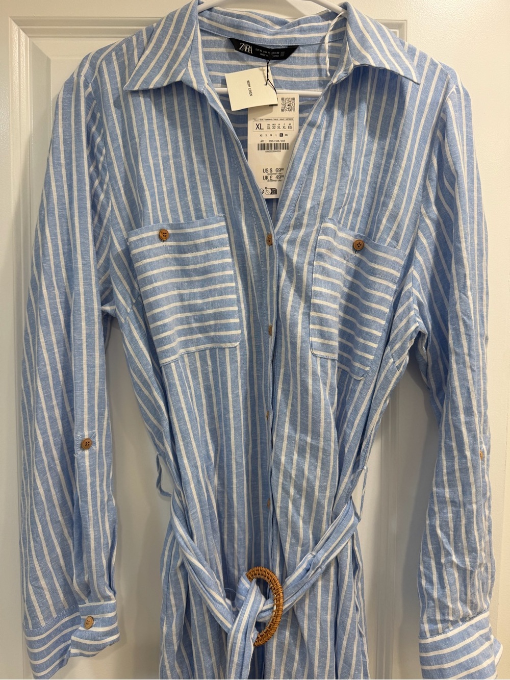 Zara Light Blue & White Striped Tie-Waist Shirt Dress